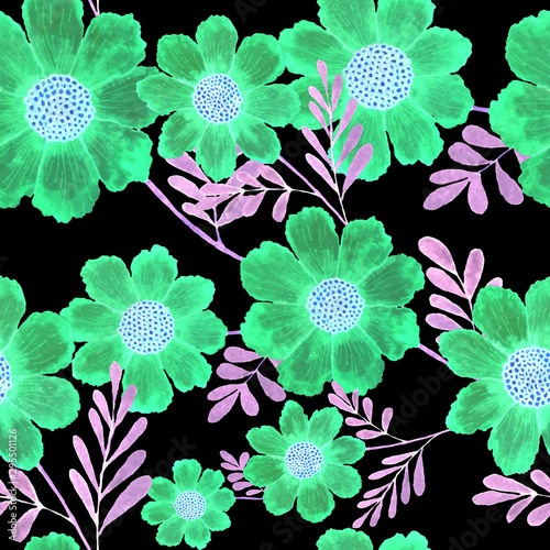 Watercolor seamless pattern with hand drawn meadow flowers. Vintage floral pa...