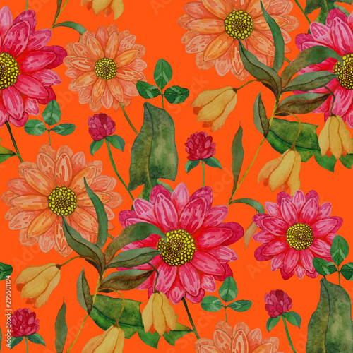 Watercolor seamless pattern with hand drawn meadow flowers. Vintage floral pa...