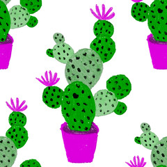 Creative seamless pattern with hand drawn cactuses in pots. Bright botanical print. Seamless decorative background with cactuses. Can be used for any kind of a decoration design.