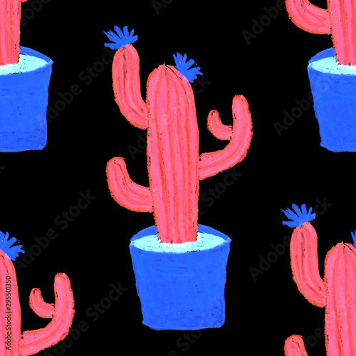 Creative seamless pattern with hand drawn cactuses in pots. Bright botanical ...