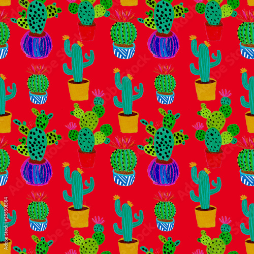 Creative seamless pattern with hand drawn cactuses in pots. Bright botanical ...