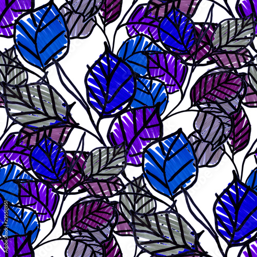 Creative seamless pattern with tropical flowers and leaves. Bright summer pri...