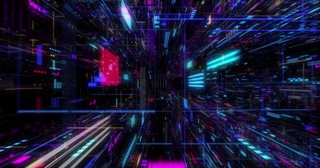 Poster - seamless loop of abstract futuristic technological background, floating circuits, charts, digits ele