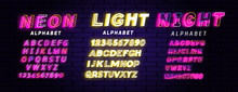 Three Decorative Neon Alphabet Set Designs In Bright Glowing Colors In Magenta And Gold With Letters A Through Z And Numbers Zero To Nine, Vector Illustration On Black