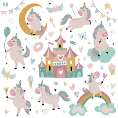 Vector collection of cute little unicorns, rainbow, stars fairy castle