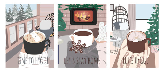 Hygge set of three cute cards of winter vibes and person enjoying moment with mug and hot drink. Cozy interior in trendy Scandinavian style. Christmas vector illustration print, poster, banner