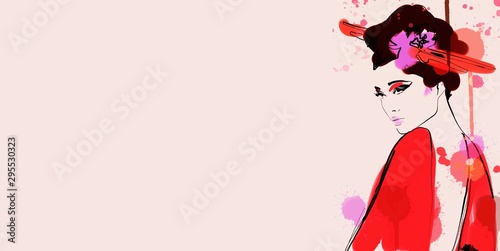 Fotomural banner of a japanese geisha woman with flowers in her hair