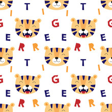 Seamless Pattern, Cute Tiger Face, Cartoon Vector Illustration For Kids. Print For Textile, Fabric, Wallpaper, Paper.
