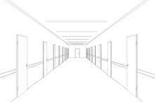 Long Corridor With Doors, Contour Visualization, 3D Illustration, Sketch, Outline