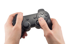 Joystick Gamepad In The Player's Hands Isolated On White Background
