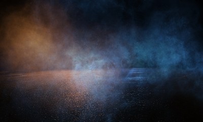 Wall Mural - wet asphalt, reflection of neon lights, a searchlight, smoke. abstract light in a dark empty street 