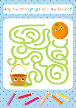 Funny Little Orange. Maze. Coloring Book. Educational Game For Children. Cartoon Vector Illustration