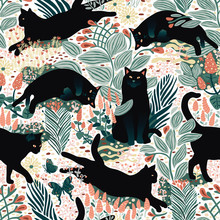 Black Cats Having Fun In The Butterfly Garden.Hand Drawn Seamless Pattern, Vector Format.