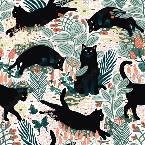 Cotton fabric Black cats having fun in the butterfly garden.Hand drawn seamless pattern, vector format.