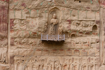 Chinese ancient traditional La Shao temple grotto relief painting in Tianshui Wushan Water Curtain Caves, Gansu China