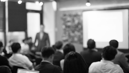 Fototapete - Speaker on the stage with rear view of audience in the conference hall or seminar meeting, business and education concept. Speaker giving a talk at business meeting. Seminar presentation photo.