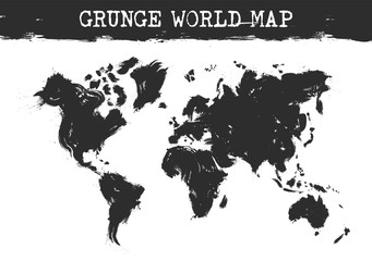 Wall Mural - Grunge world map . Realistic black ink color painting design . White isolated background . Vector .