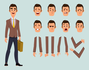 Businessman character with different facial expression and hand poses. Flat style character design for design, motion or animation.