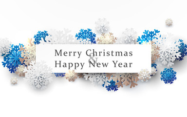 Poster - Merry Christmas and Happy New Year banner. Abstract white, gold and blue snowflakes with space for your text. Paper art and craft design. Space for your design