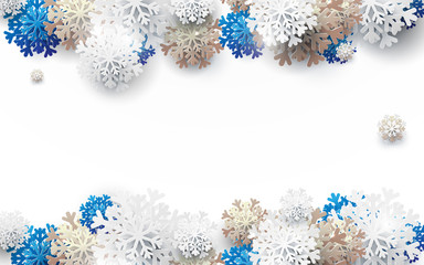 Poster - Merry Christmas and Happy New Year banner. Abstract white, gold and blue snowflakes background. Paper art and craft design. Space for your design