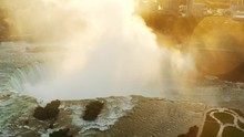 Aerial View Of Niagara Falls, Rocky Edge Of Waterfall,  Sunset At Famous Destination Of North America, Nature Of Northeast USA, Fast Water Flow, Dense Fog