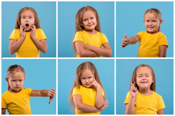 Waist up various emotional portraits of little girl   on blue background in studio.