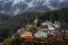 Beautiful Aerial View Of Residential Homes On Top Of  Hill In A Small Touristic Town In The Ocean Coast During A Stormy And Rainy Morning. Taken In Ketchikan, Alaska, United States