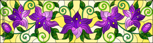 Dekoracja na wymiar  ilustracja-w-stylu-witrazu-z-kwiatami-liscmi-i-pakami-fioletowych-lilii-na-zolto