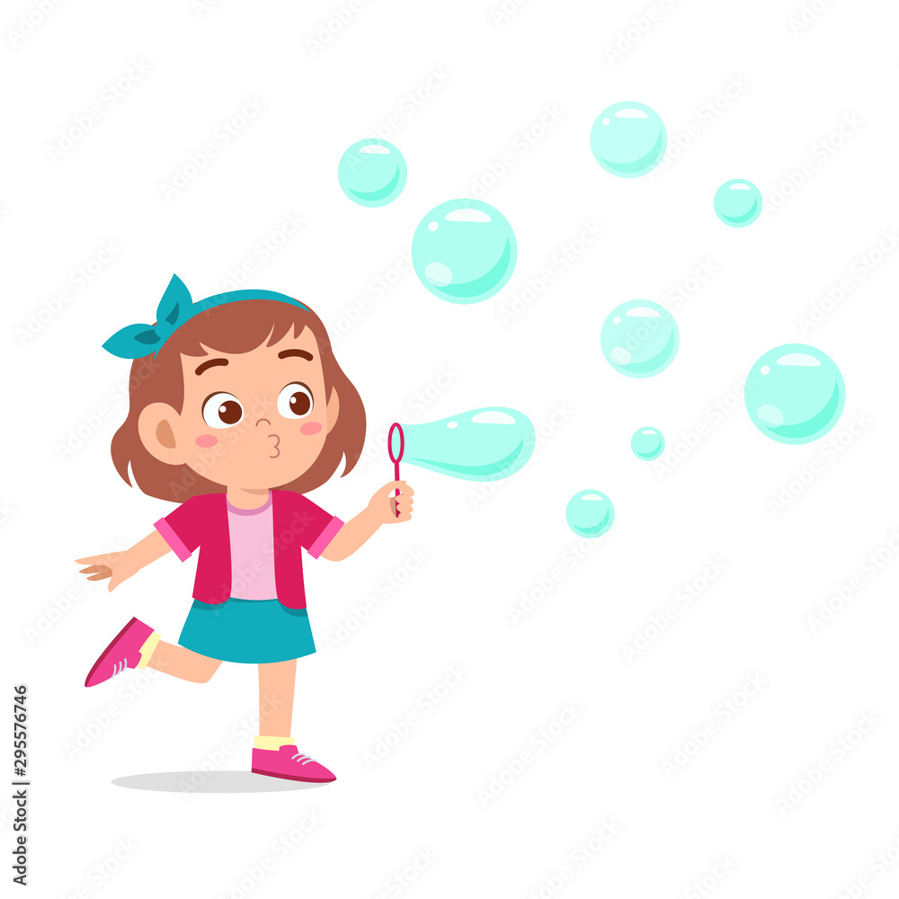 happy cute kid girl blow bubble soap - obrazy, fototapety, plakaty 