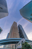 Street level view  of skyscraper buildings in Tokyo near Higashi-Shimbashi and Shiodome Area