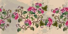 Embroidery Geranium Spring Flowers Horizontal Horizontal Seamless Pattern. Template For Design Of Clothes. Botanical Fashion Art