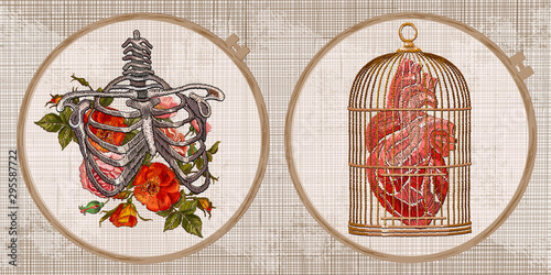 Embroidery Collection Anatomical Heart Golden Cage And Skeleton Ribs And Flowers Template Tambour Frame With A Canvas Elements From Stitches Art For Clothes Stock Vector Adobe Stock
