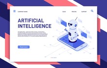 Mobile Chatbot. Artificial Intelligence Chat Assistant Bot In Smartphone App And Educational Robot. Future Telephone Conversation Bots, Human And Clever Robots Dialog Isometric Vector Illustration