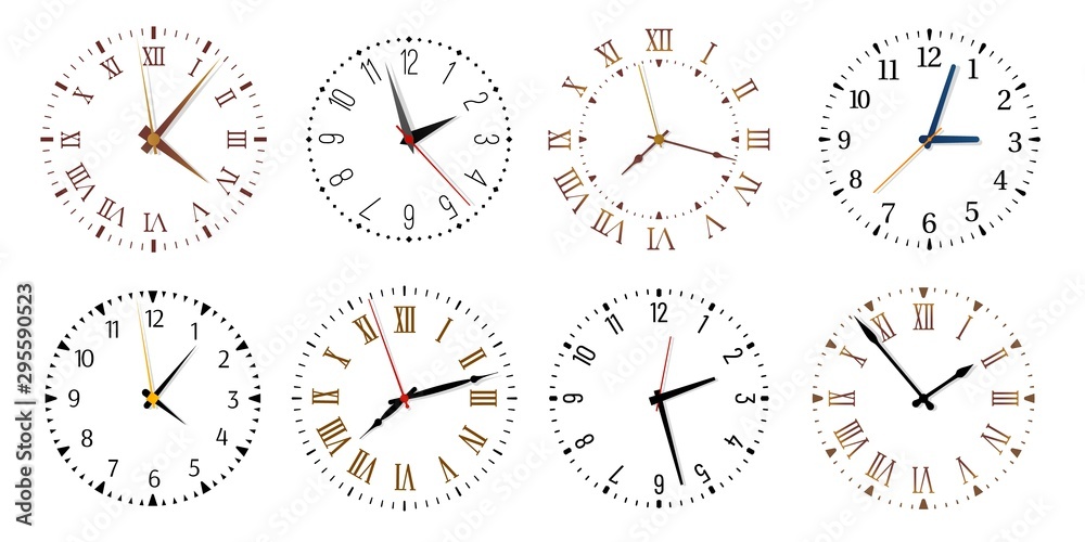 Modern clock faces. Minimalist watch, round clocks and watch face. Ticking clock timer measurement symbols, work time deadline metaphor. Isolated vector icons set - obrazy, fototapety, plakaty 