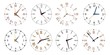 Modern clock faces. Minimalist watch, round clocks and watch face. Ticking clock timer measurement symbols, work time deadline metaphor. Isolated vector icons set