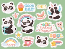 Cute Panda Stickers. Happy Pandas Patches, Cool Animals And Winked Panda Sticker. Bear Emotion Doodle Characters, Kawaii Comic Emoji Logo. Isolated Vector Illustration Icons Set