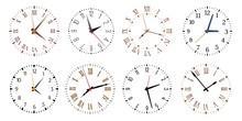 Modern Clock Faces. Minimalist Watch, Round Clocks And Watch Face. Ticking Clock Timer Measurement Symbols, Work Time Deadline Metaphor. Isolated Vector Icons Set