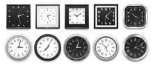 Realistic Clock. Modern White Round Wall Clocks, Black Watch Face And Time Watch Mockup. Deadline Timer Clock, Classic Watches. Isolated 3d Vector Illustration Signs Set