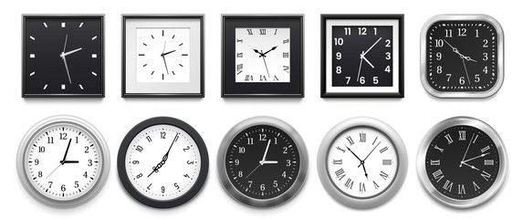 Realistic clock. Modern white round wall clocks, black watch face and time watch mockup. Deadline timer clock, classic watches. Isolated 3d vector illustration signs set