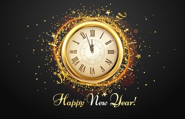 New Year countdown watch. Holiday antique clock with golden confetti, Happy New Year greeting card. 2020 gold christmas poster, xmas night celebrate time countdown vector illustration