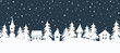 Christmas background. Fairy tale winter landscape. Seamless border. There are white houses and fir trees on a dark blue background. Winter village. Vector illustration
