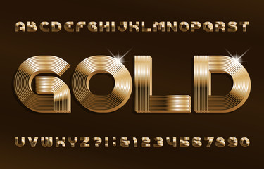 Fototapete - 3D Gold alphabet font. Shiny golden letters and numbers in 70s style. Stock vector typescript for your design.