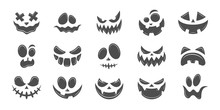 Scary And Funny Faces Of Halloween Pumpkin Or Ghost . Vector Collection.