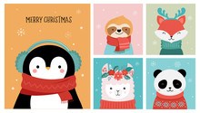 Collection Of Christmas Cute Animals, Merry Christmas Illustrations Of Panda, Fox, Llama, Sloth, Cat And Dog With Winter Accessories