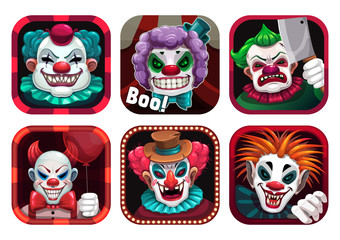 Wall Mural - Creepy clown app icons set. Vector GUI assets.