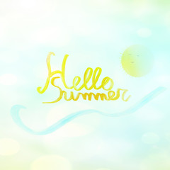Watercolor background and lettering hello summer. Summer poster drawings typographic design. Abstract Paint Decoration. Hand drawn brush strokes.