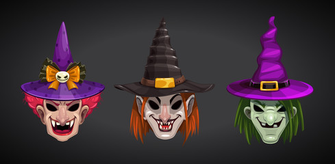 Wall Mural - Cartoon witches faces on dark background. Creepy Halloween witch masks set.