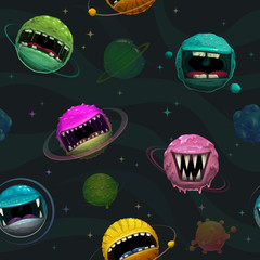 Cartoon background. Seamless pattern with scary monster planets. Alien space concept.