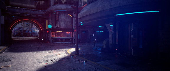 Wall Mural - Empty street of a futuristic city. Buildings with neon lights. Photorealistic 3d illustration in the style of cyberpunk. Urban landscape.