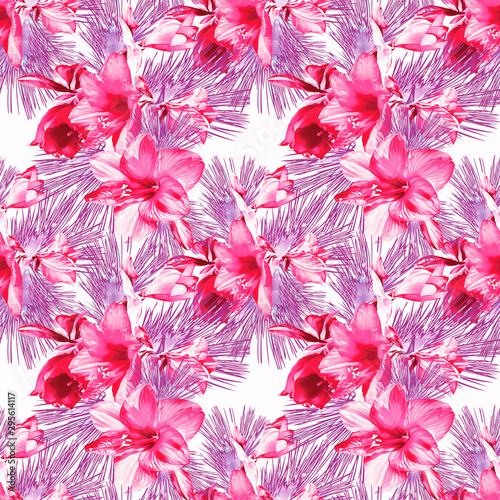 Amaryllis flower, seamless pattern. Watercolor illustration.